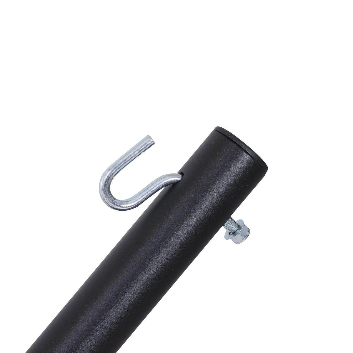 Zinc-coated hook attachment on black hammock stand pole with mounting hardware