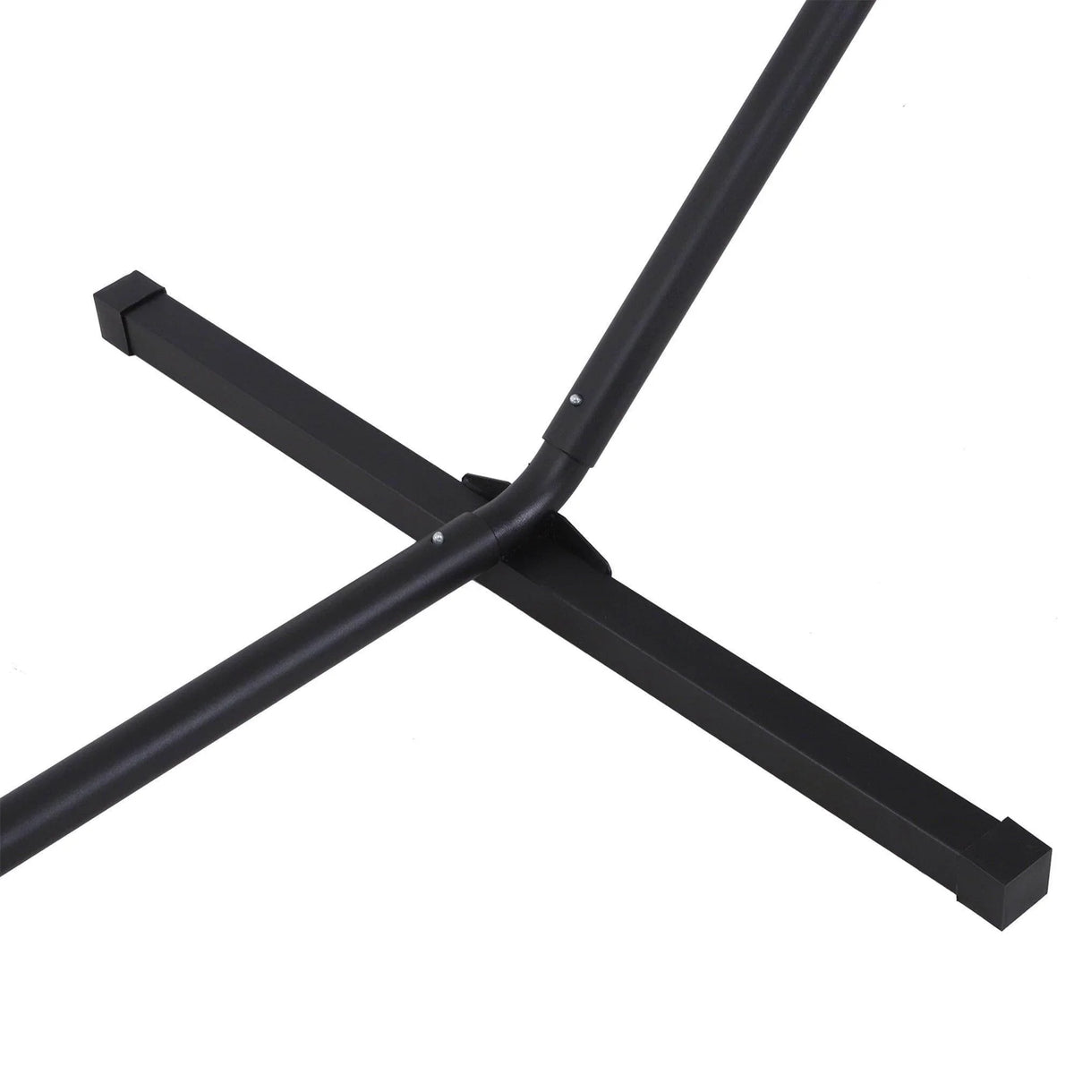 Black hammock stand base with flat support feet and central pole connector