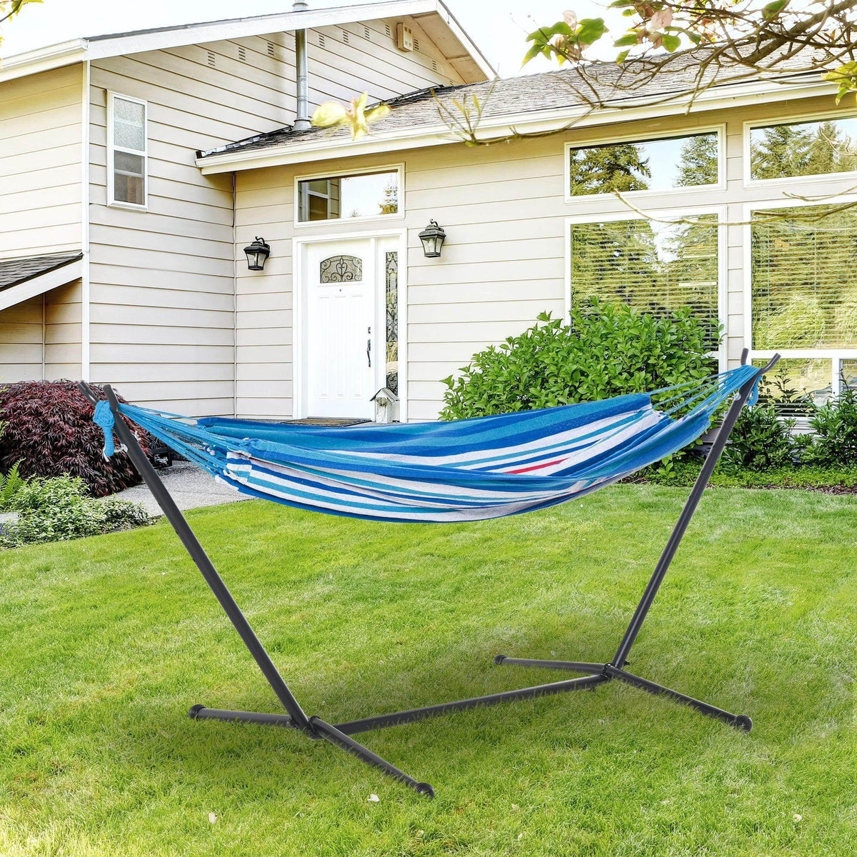 Blue striped fabric hammock with black steel stand, stretched between two curved legs.