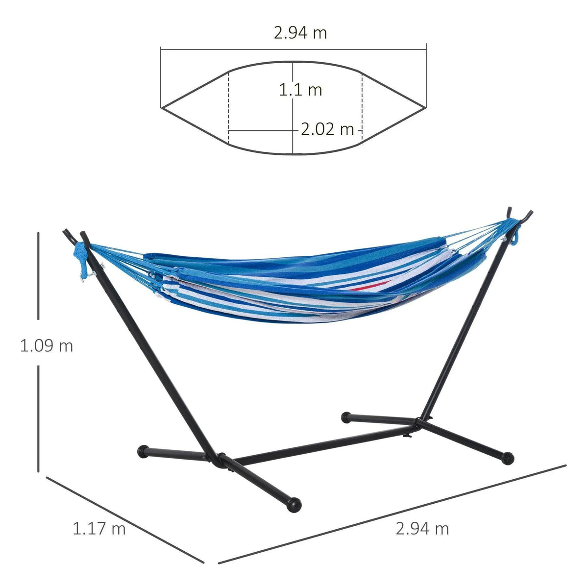 Blue and red striped hammock on adjustable black metal frame with support bars.
