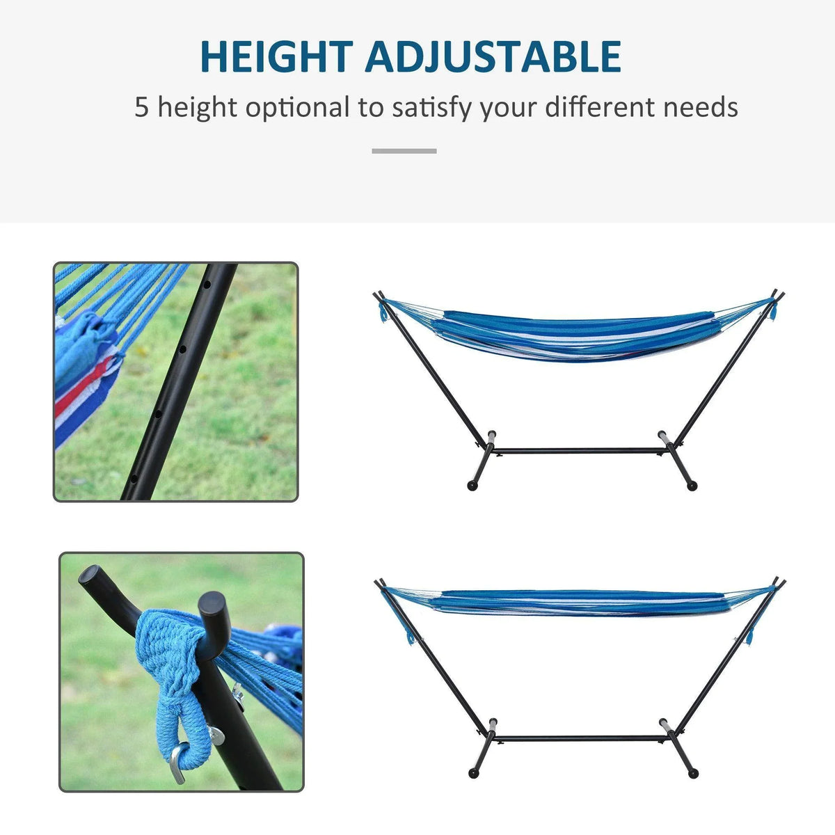 Height-adjustable hammock with blue striped fabric and black steel frame legs.