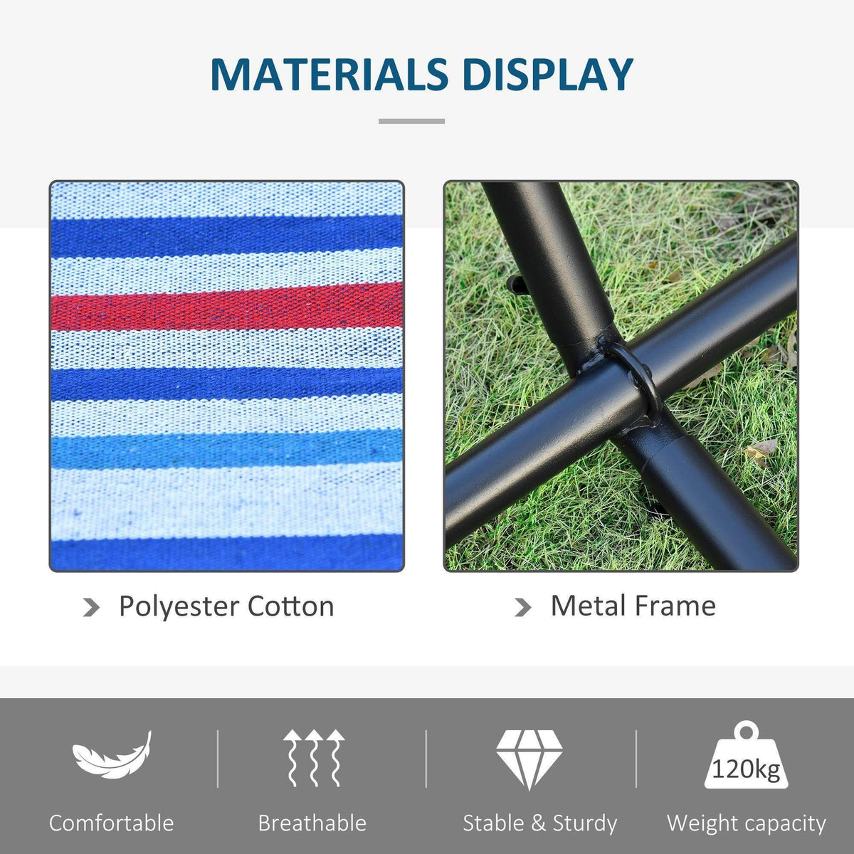 Blue, white and red striped woven hammock fabric with black metal frame joints.
