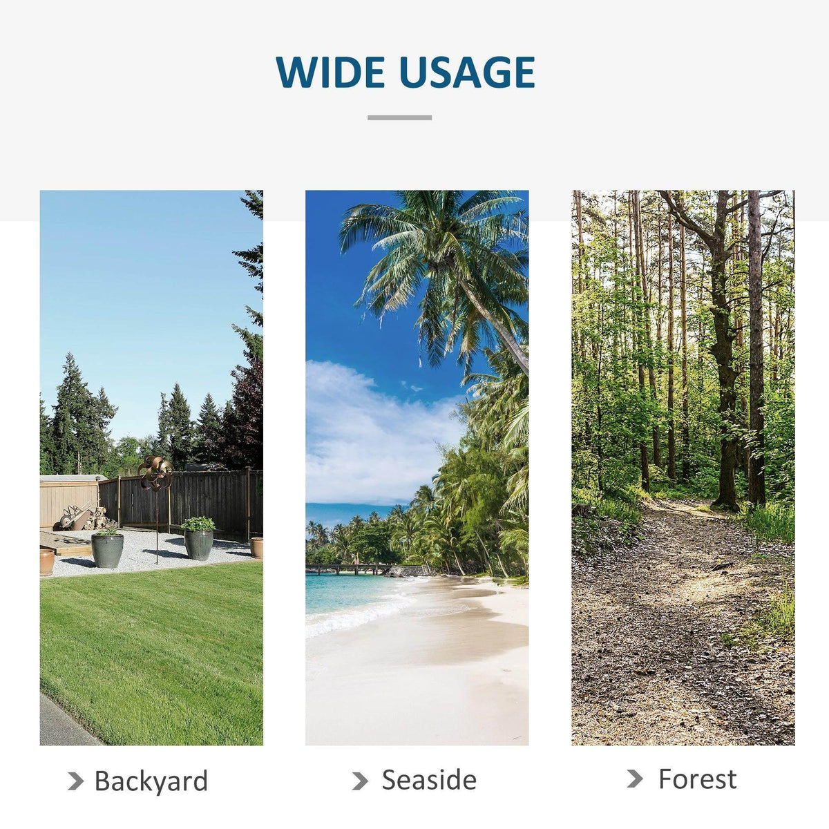 Hammock stand placement scenes: backyard lawn, seaside view, and forest path.