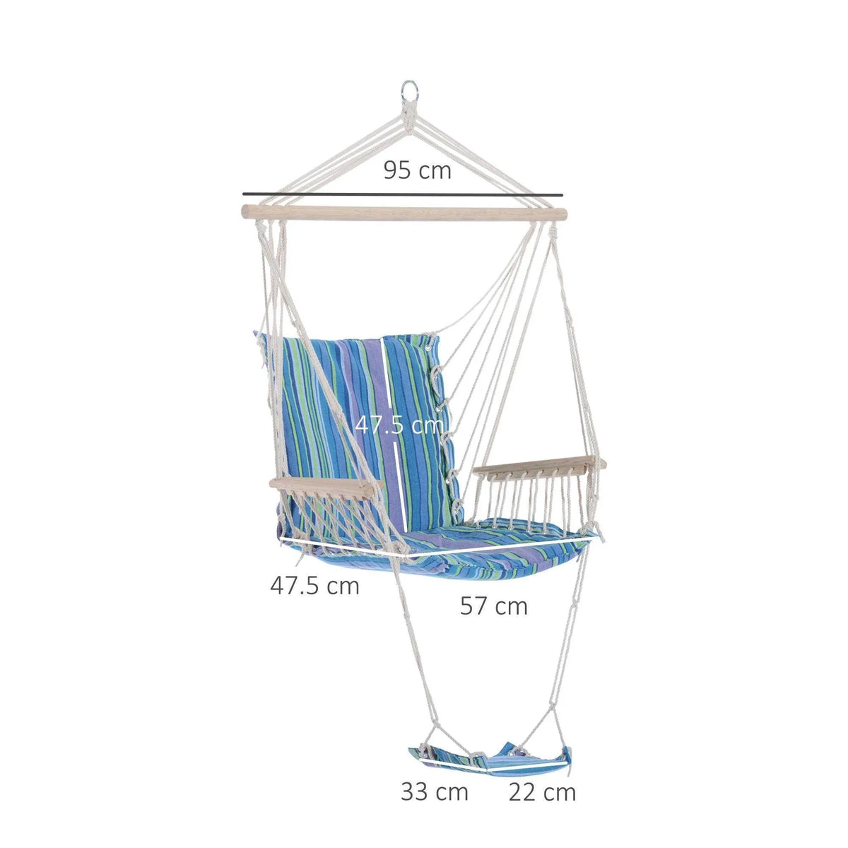 Blue striped hanging rope chair swing with footrest, shown with size measurements