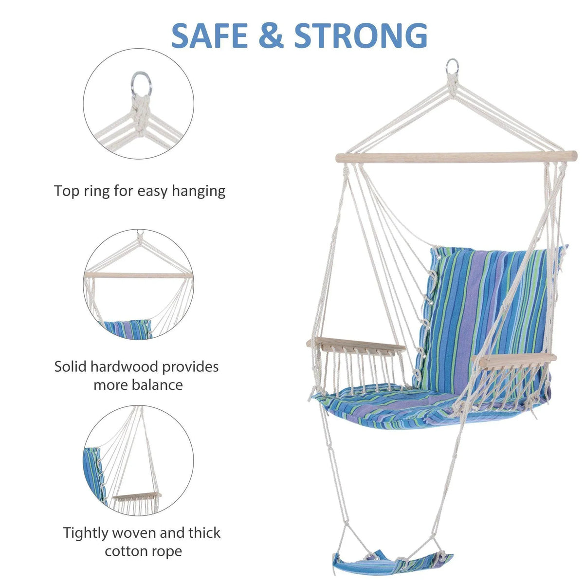 Hanging rope chair swing with wooden frame and thick woven cotton seat cushion