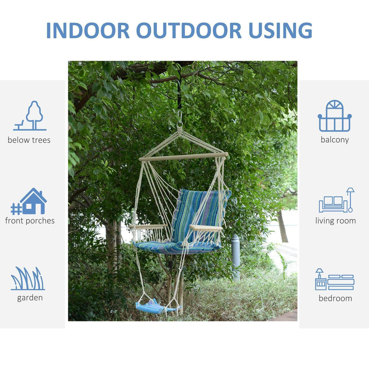 Blue striped hanging rope chair swing with footrest and wooden support frame