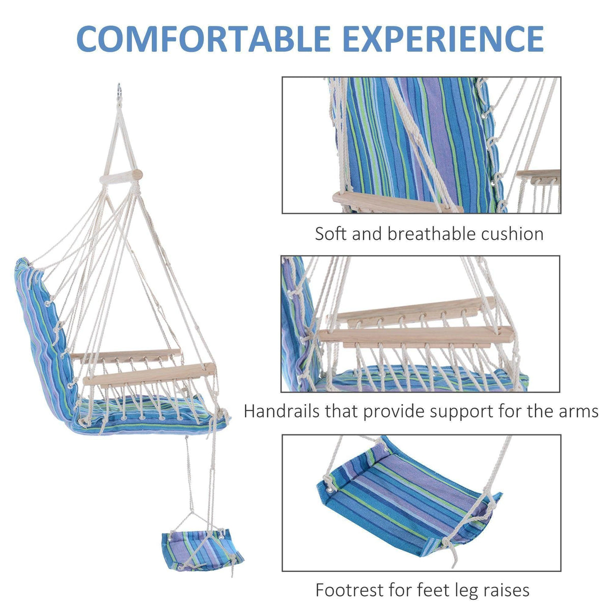 Hanging rope chair swing with striped cushion, arm-support ropes and footrest