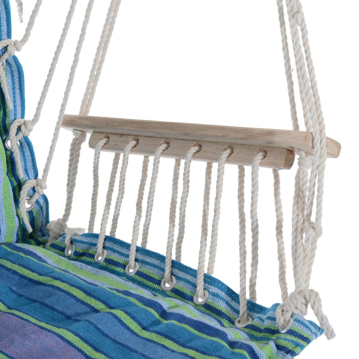 Close-up of woven cotton rope seat with wooden crossbar and blue striped cushion