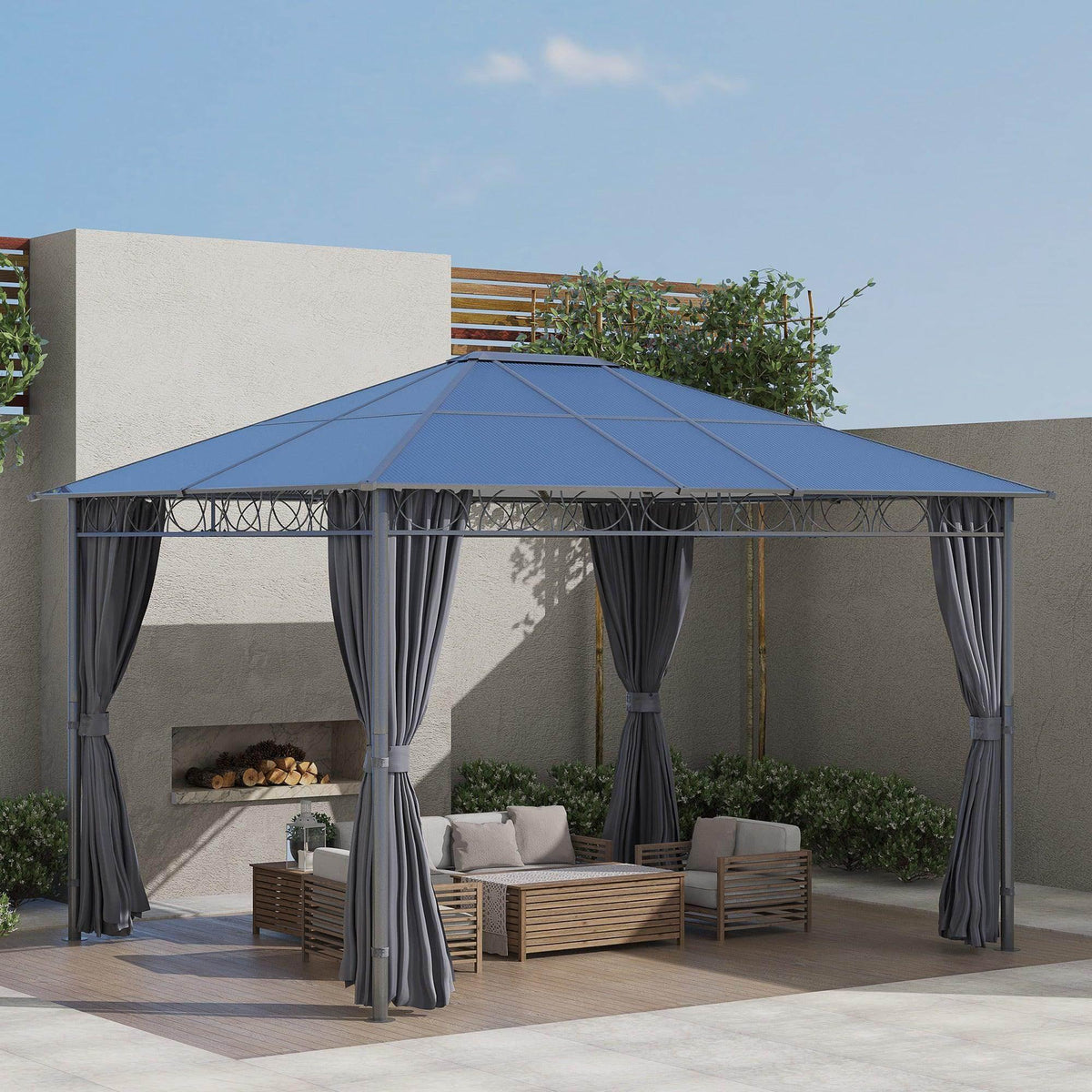 Hardtop gazebo with dark blue polycarbonate roof and four gray curtain panels