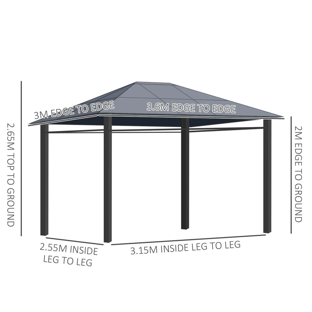 Hardtop gazebo frame with labeled edge-to-edge and inside leg-to-leg dimensions
