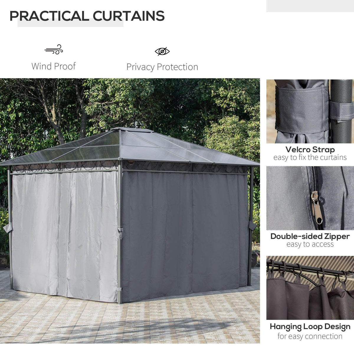 Gazebo with gray zippered curtains for wind resistance and privacy protection