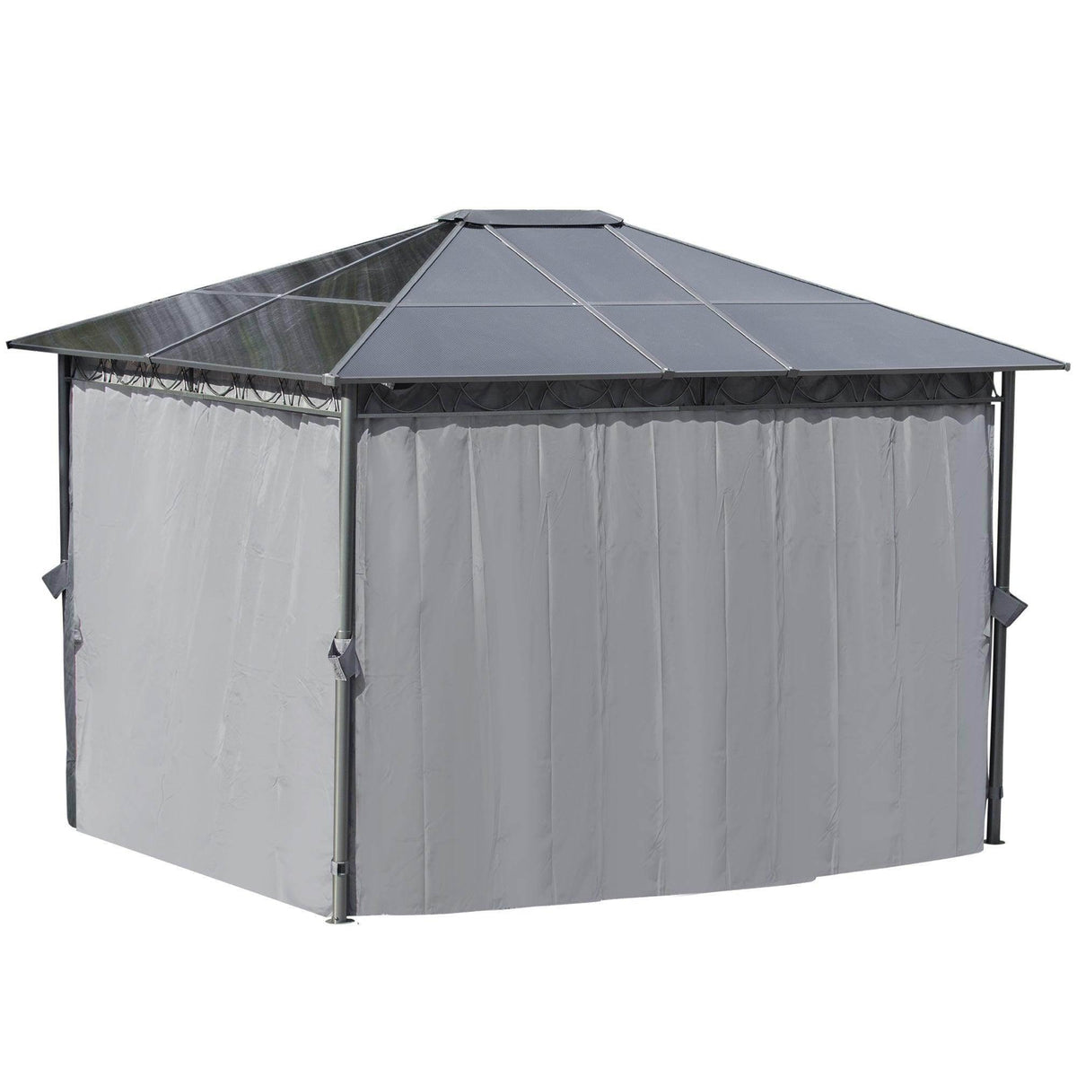 Hardtop pavilion with dark roof and light gray zippered wall curtain panels