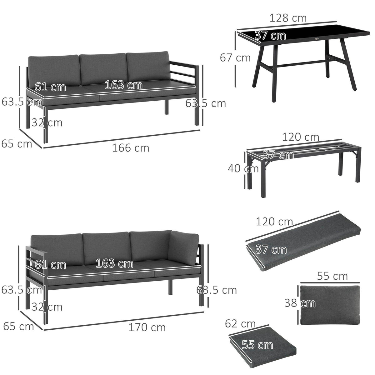 Gray L-shaped bench seating and dark glass dining table with labeled measurements