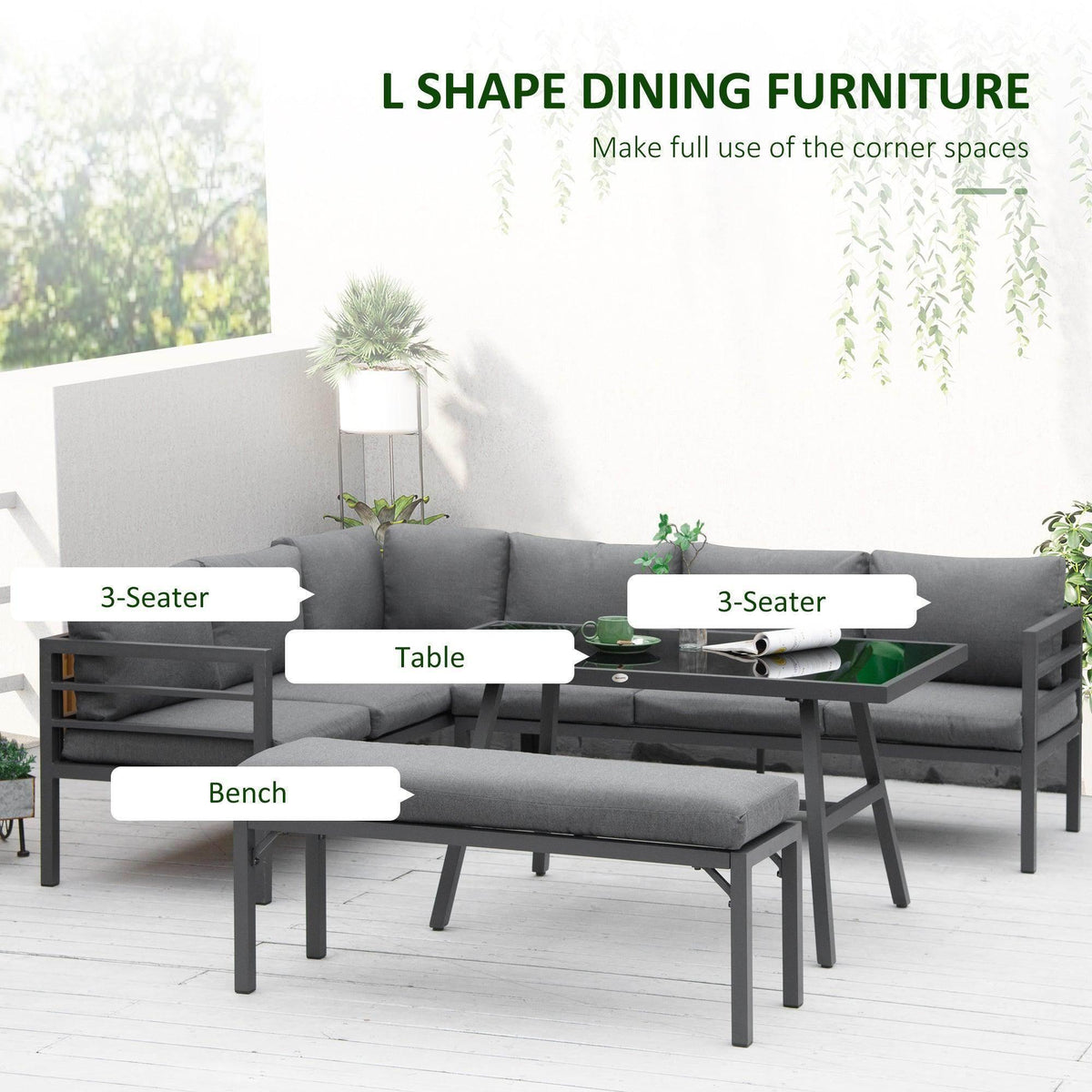 L-shaped outdoor dining set with corner benches, table, and seat cushions layout