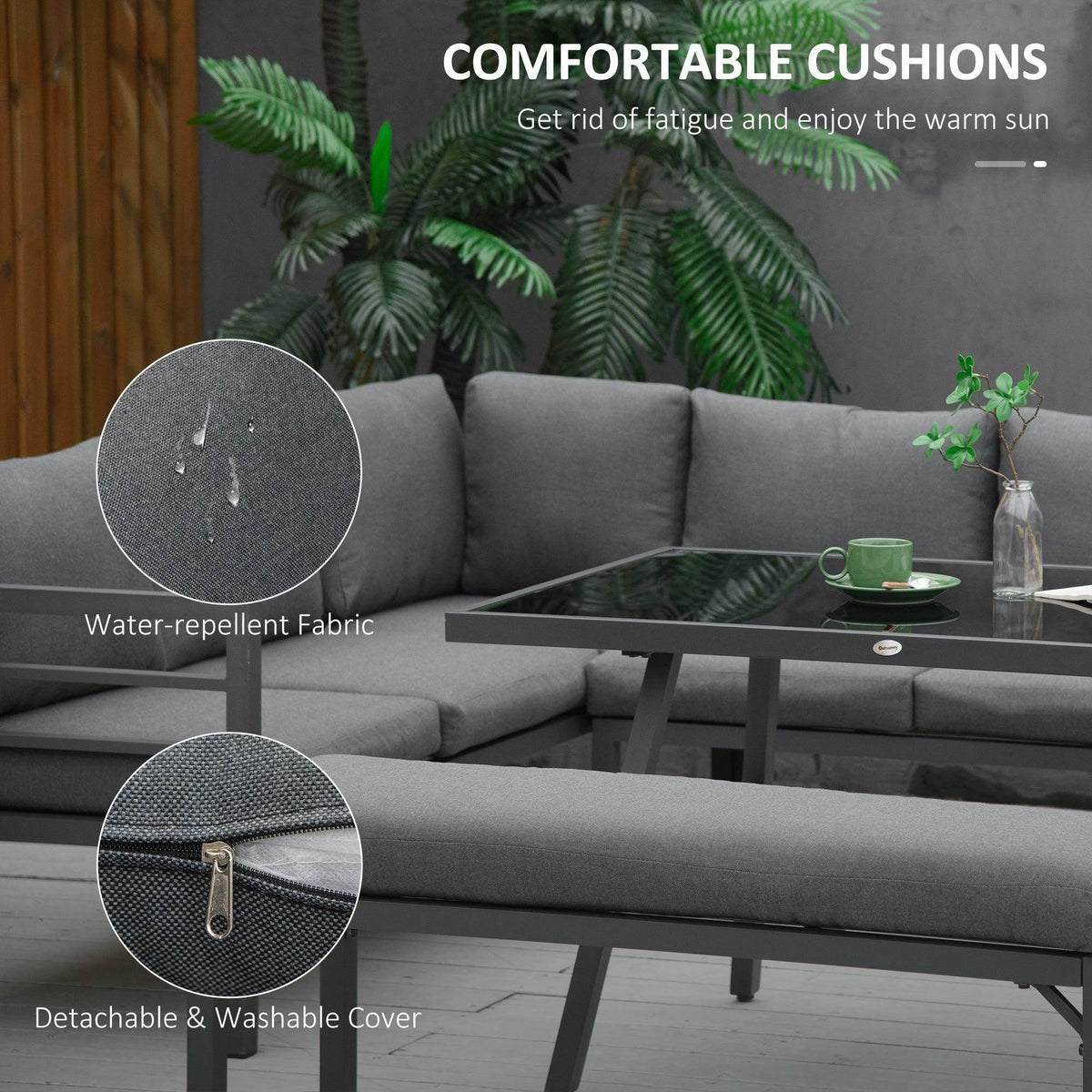 Gray cushioned corner bench with water-repellent fabric and detachable, washable cover