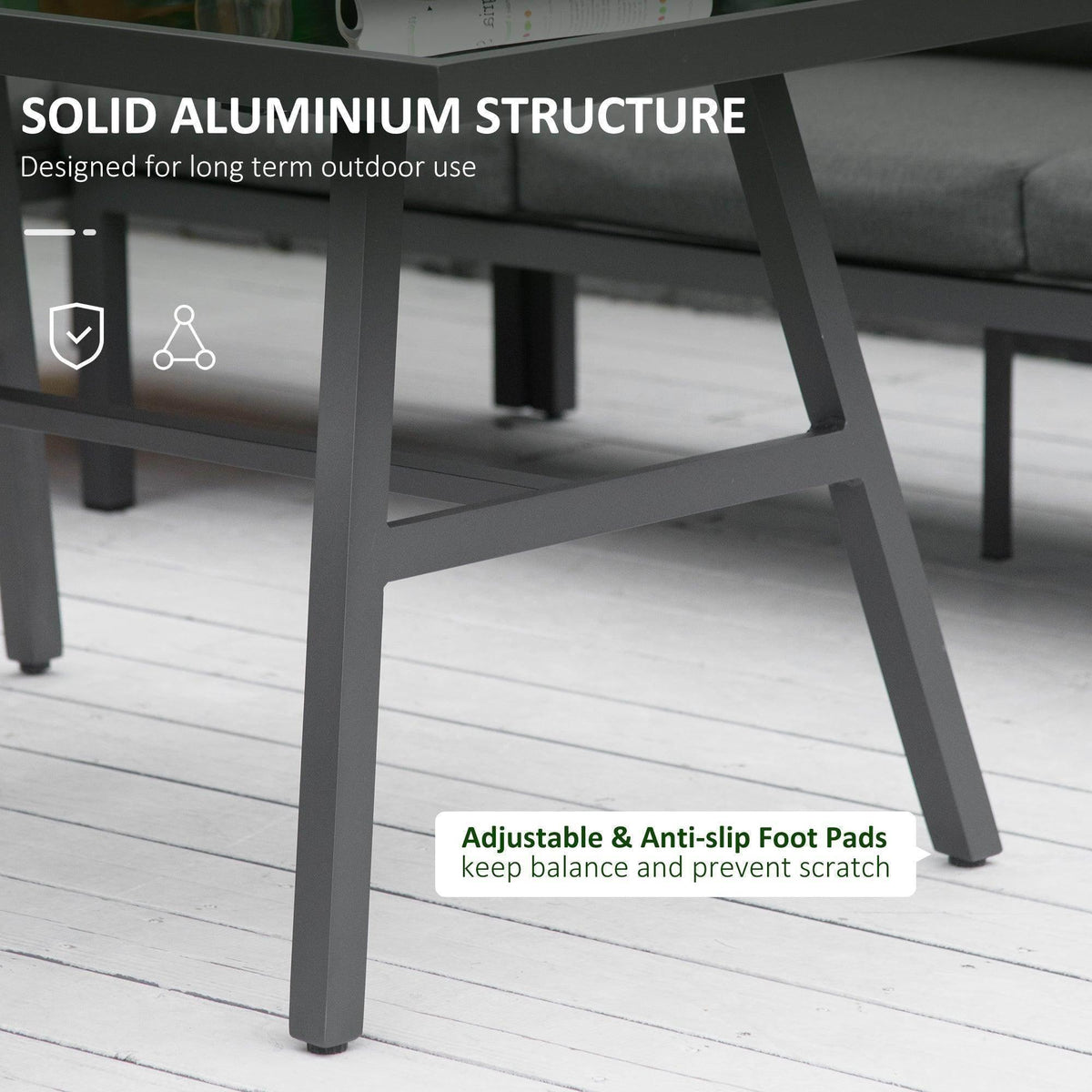 Powder-coated aluminum outdoor table frame with adjustable anti-slip, scratch-resistant feet