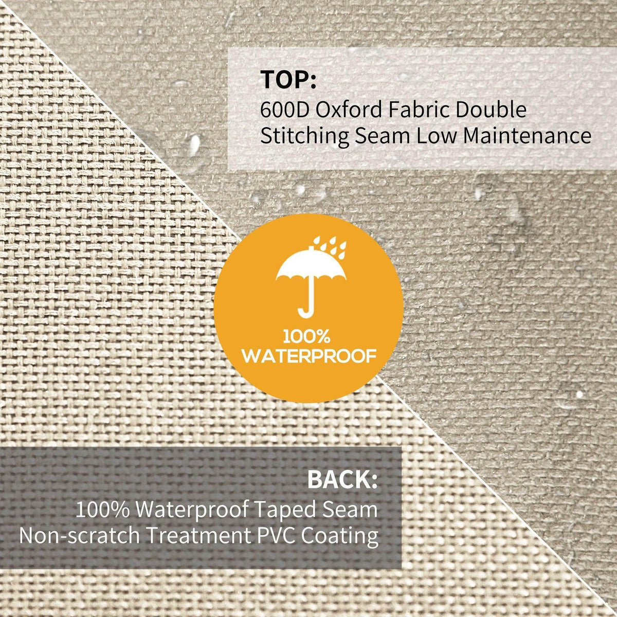 Beige woven garden furniture cover fabric with stitched seam and waterproof taping