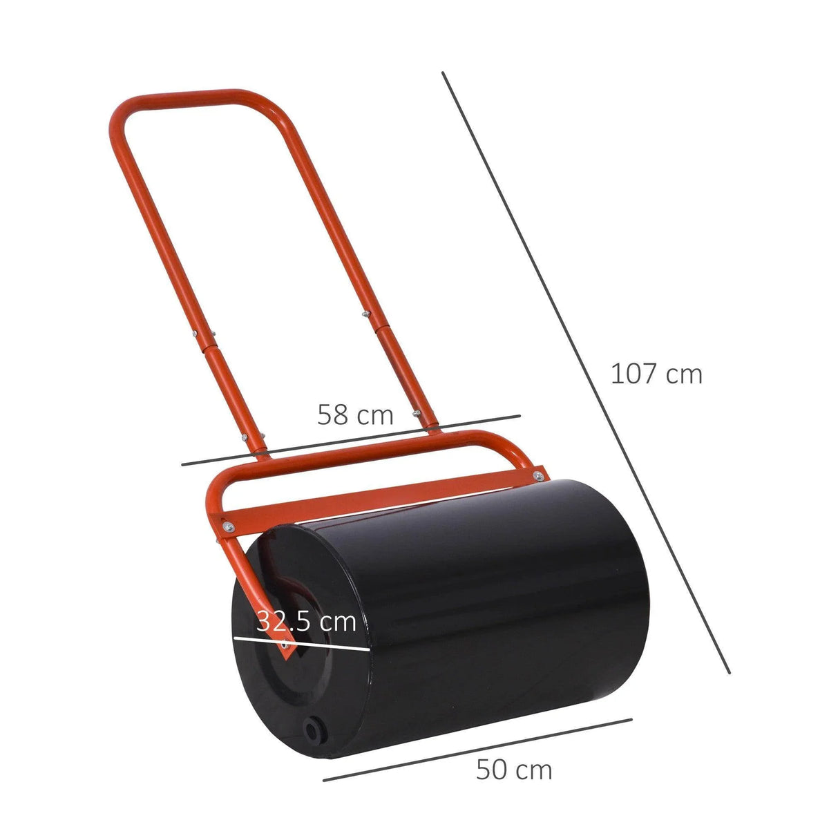 Lawn roller with orange frame and black roller drum, labeled size dimensions