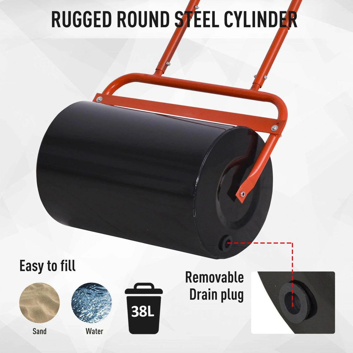 Lawn roller with orange frame and black steel cylinder, side view