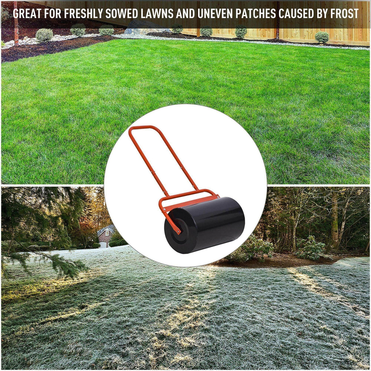 Lawn roller with orange handle and black cylinder for smoothing uneven grass