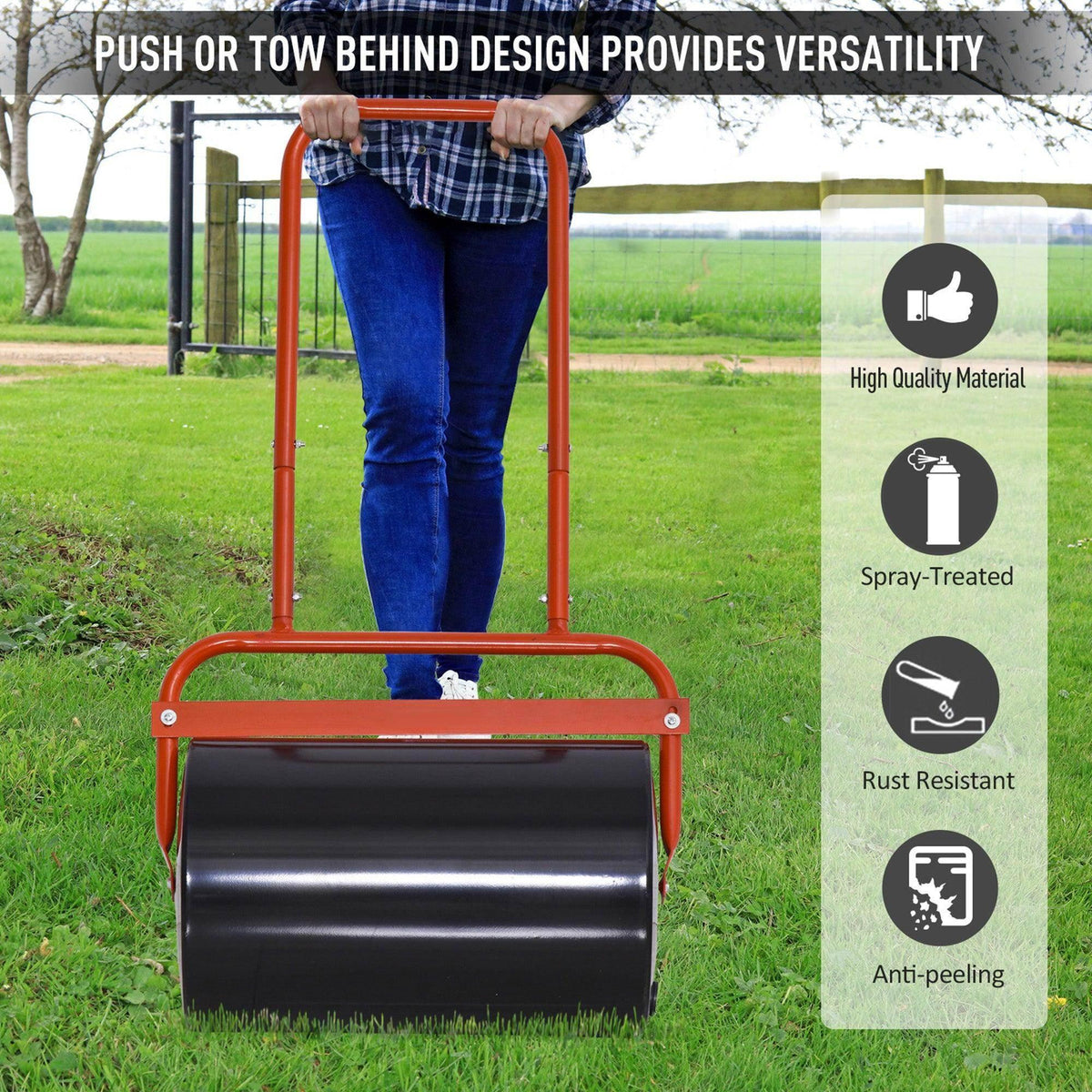 Lawn roller with orange frame and black drum, pulled by handles behind user
