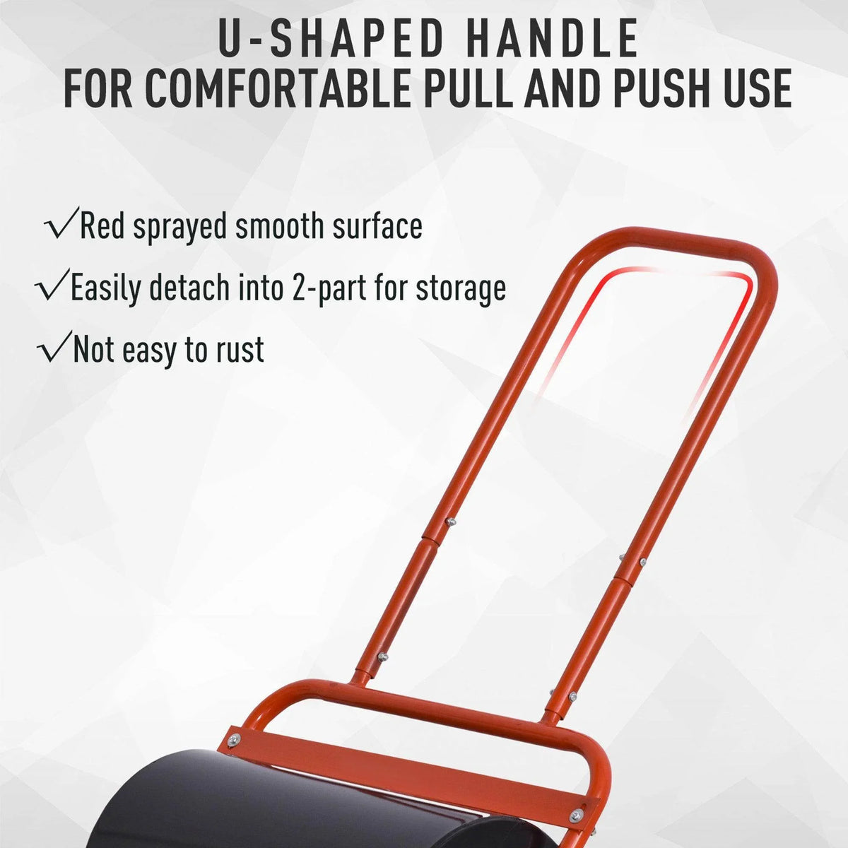 Lawn roller with U-shaped orange handle and black roller drum