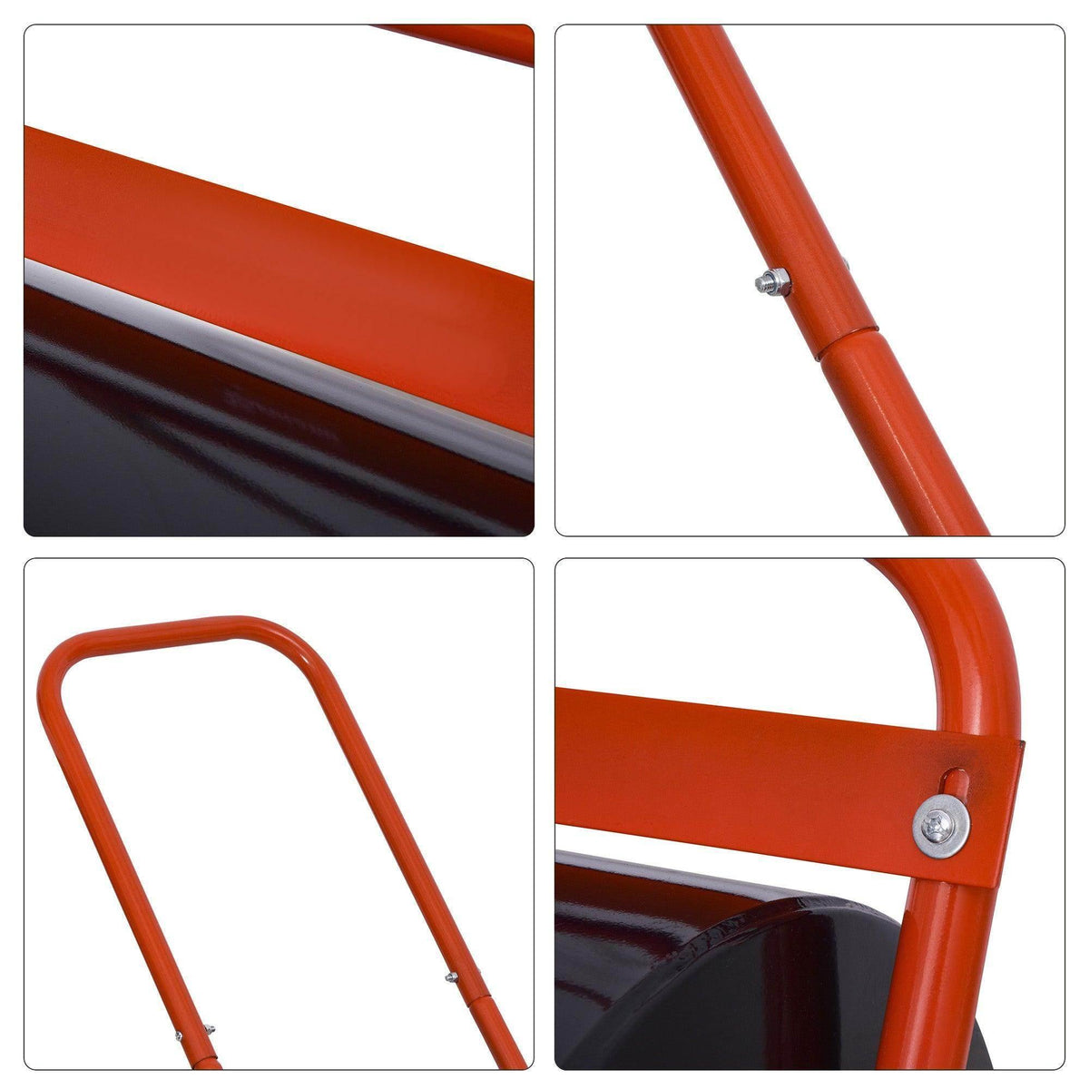 Lawn roller detail close-ups of orange frame joints and black drum