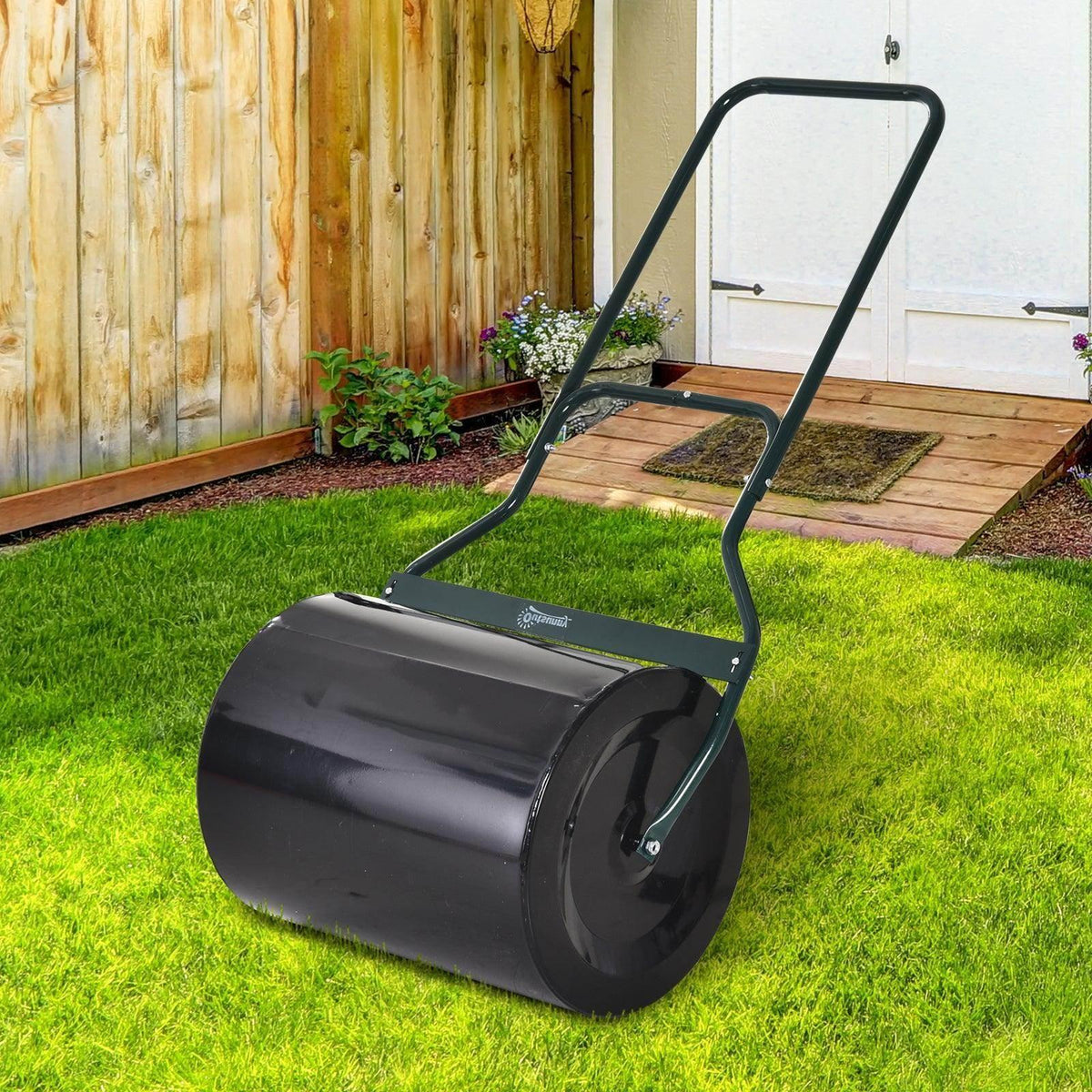 Black steel lawn roller with U-shaped push/pull handle and large fillable cylinder