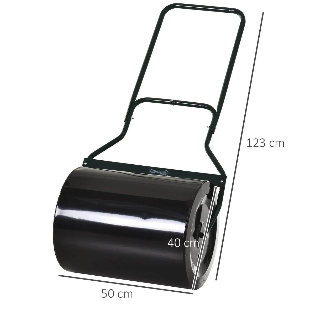 Black steel lawn roller with U-handle, 50 cm wide drum and 123 cm total height