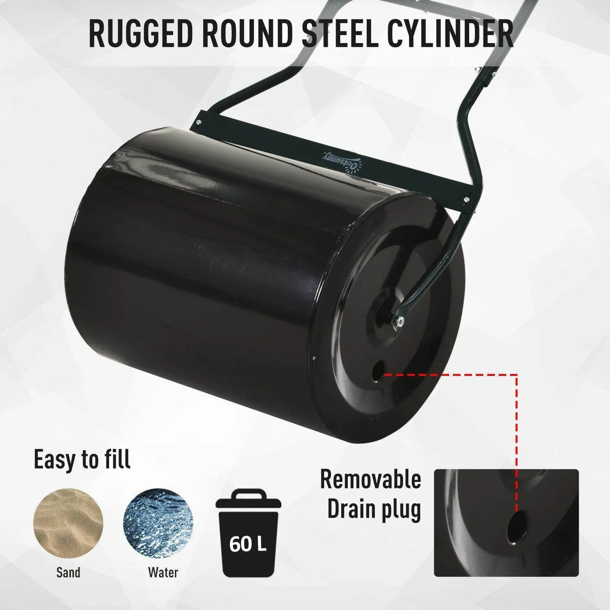 Fillable steel lawn roller drum with removable drain plug and 60 L capacity