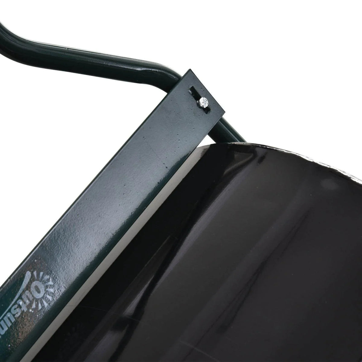 Close-up of black steel lawn roller drum with end cap and mounting bracket