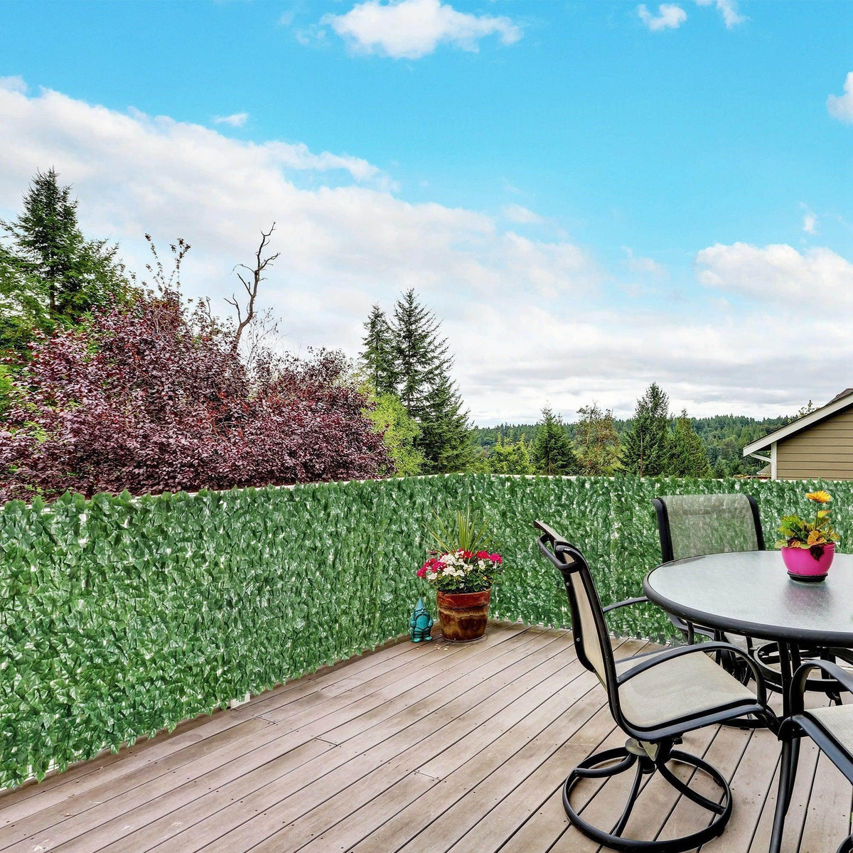Dark green leaf hedge privacy fence panel with dense overlapping leaves