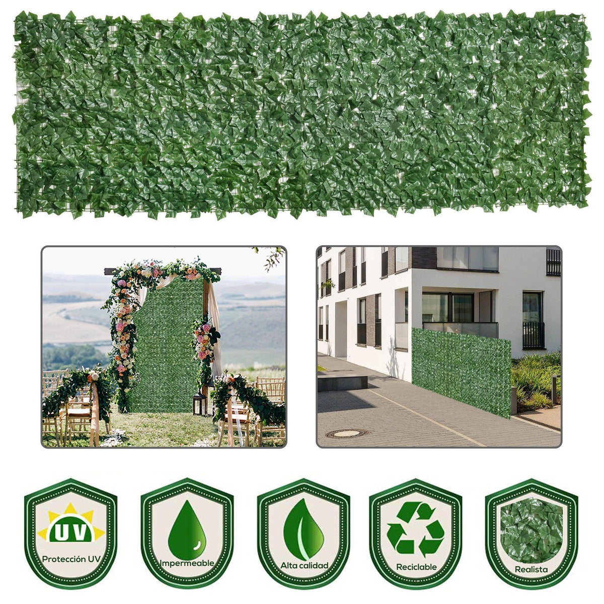 Dark green leaf hedge privacy fence panel with UV, waterproof, recyclable badges