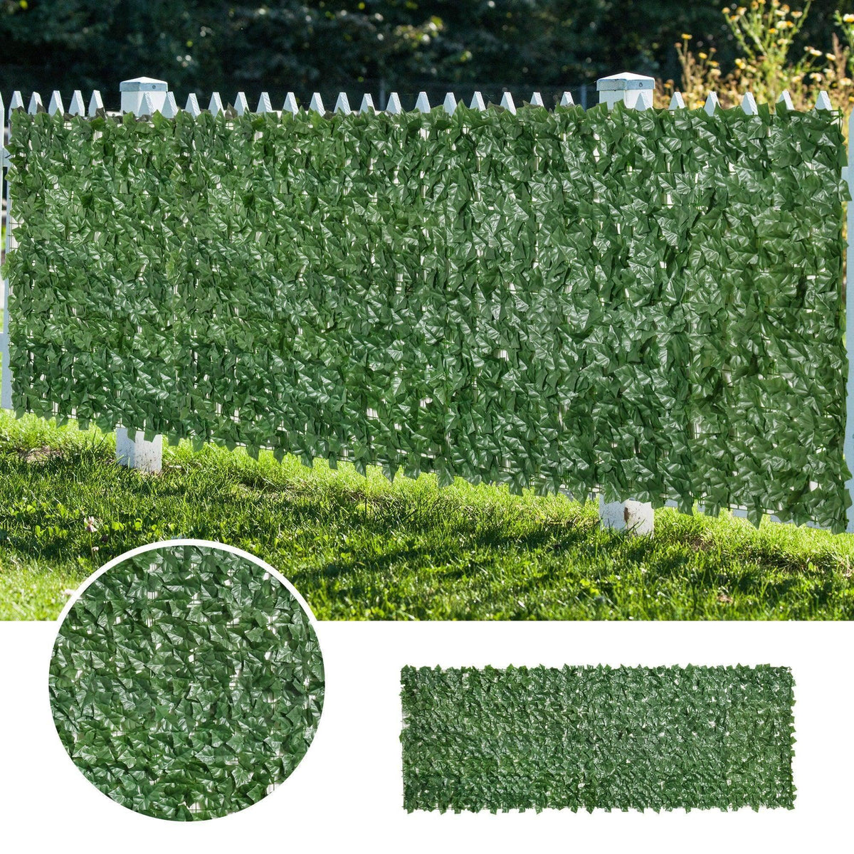 Dark green leaf hedge privacy fence panel forming a tall yard hedge wall