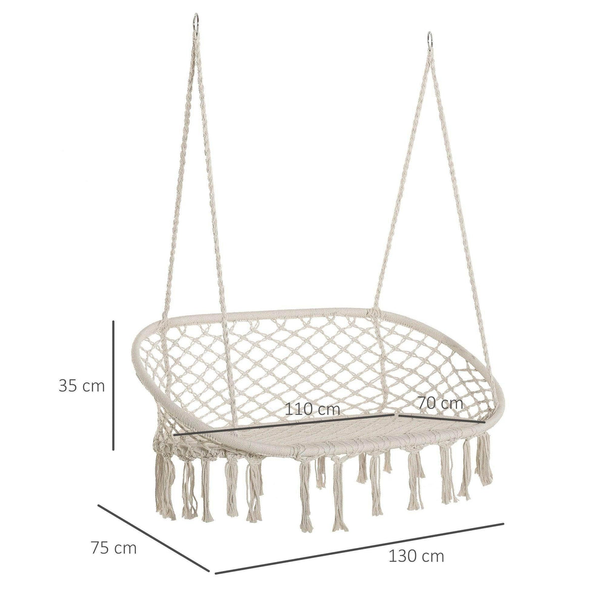 White macrame hammock chair with rounded mesh seat and long hanging fringe tassels.