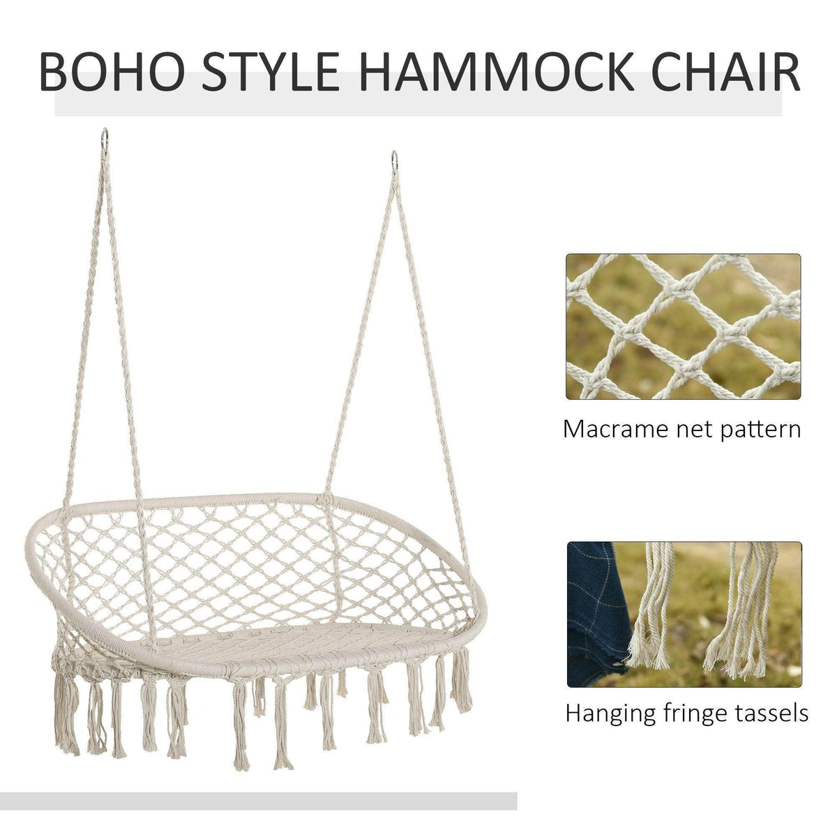 Boho macrame hammock chair with diamond net pattern and hanging fringe tassels.
