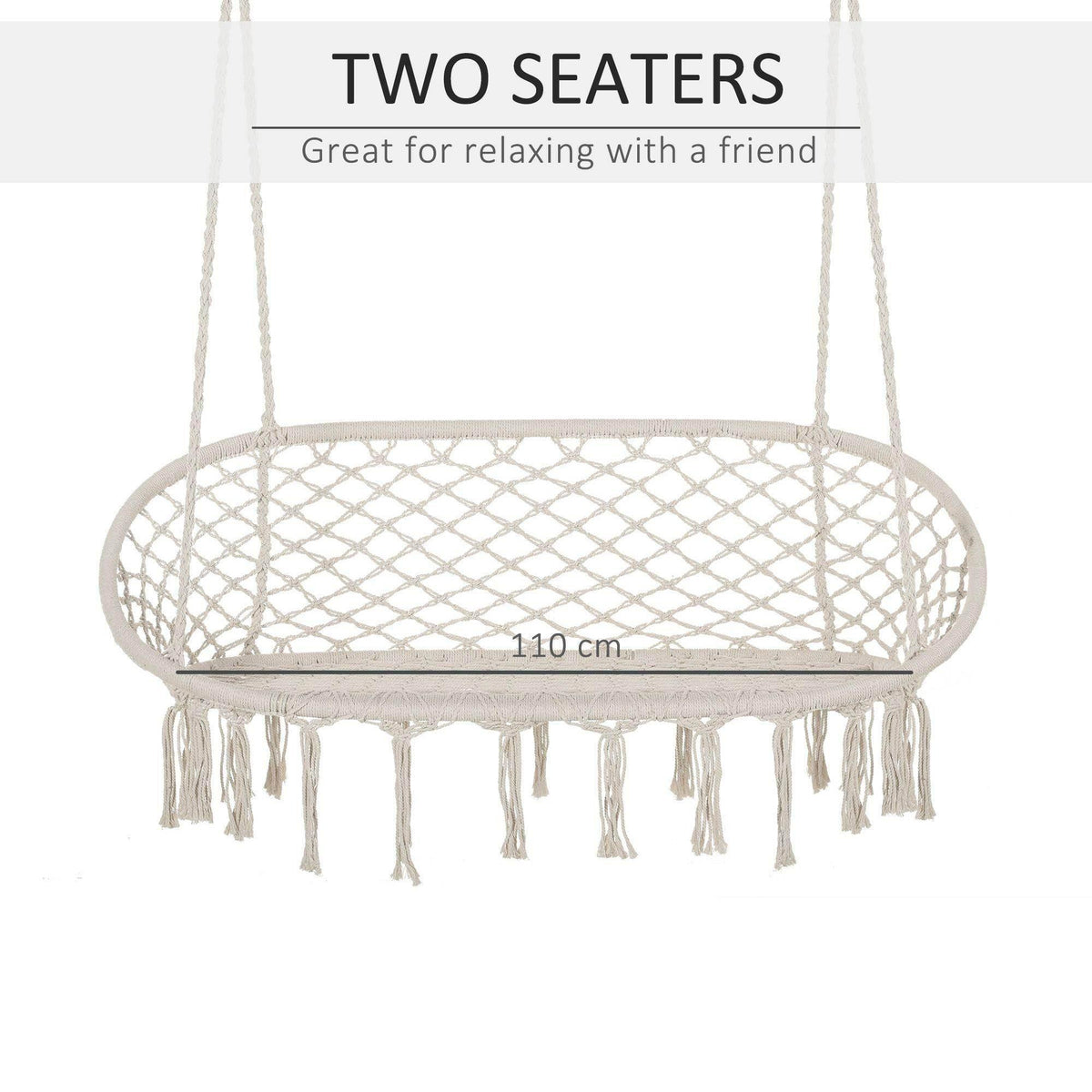 Macrame hammock chair with wide oval mesh seat and long fringe tassels.