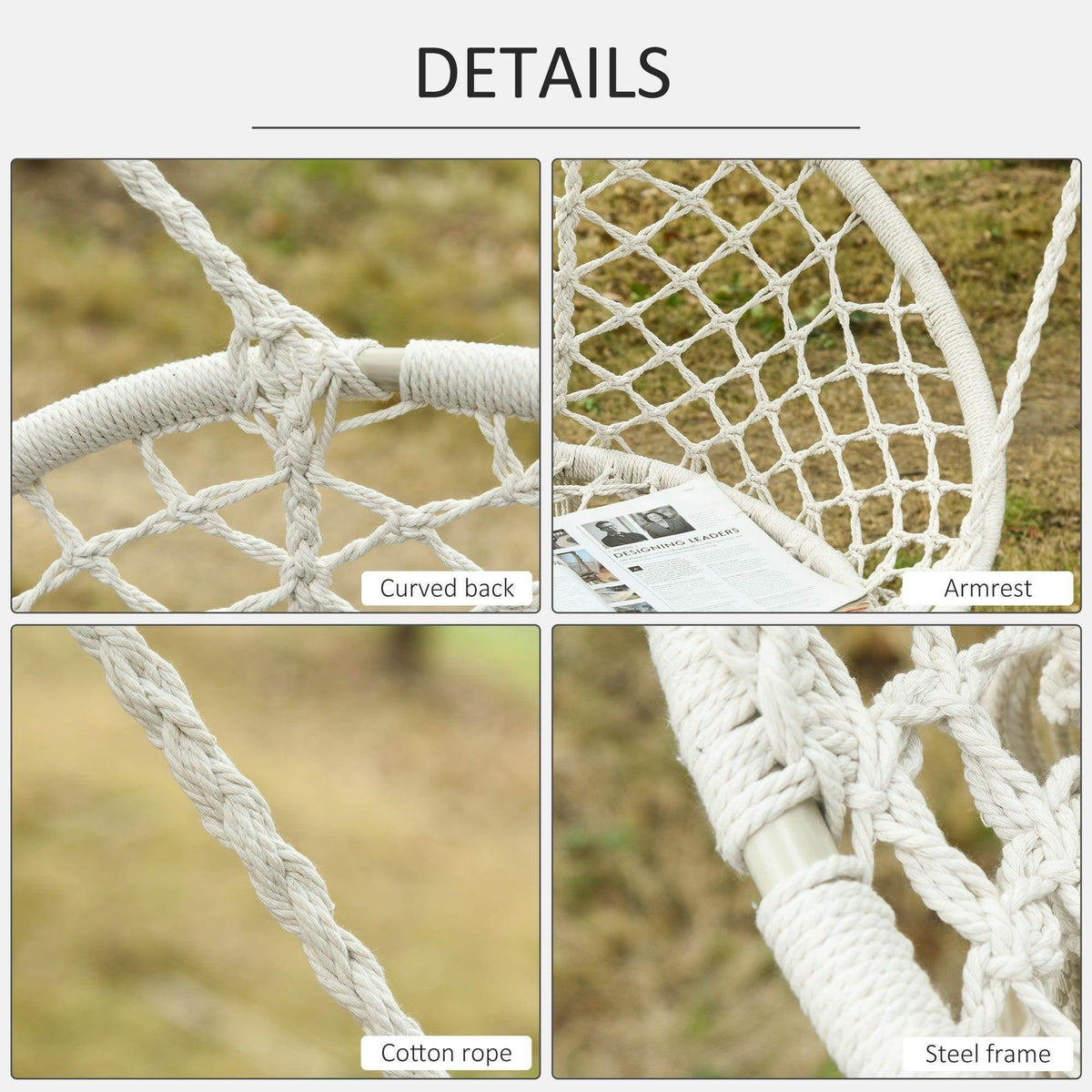 Macrame hammock chair details: woven cotton rope net, curved back, and armrest.