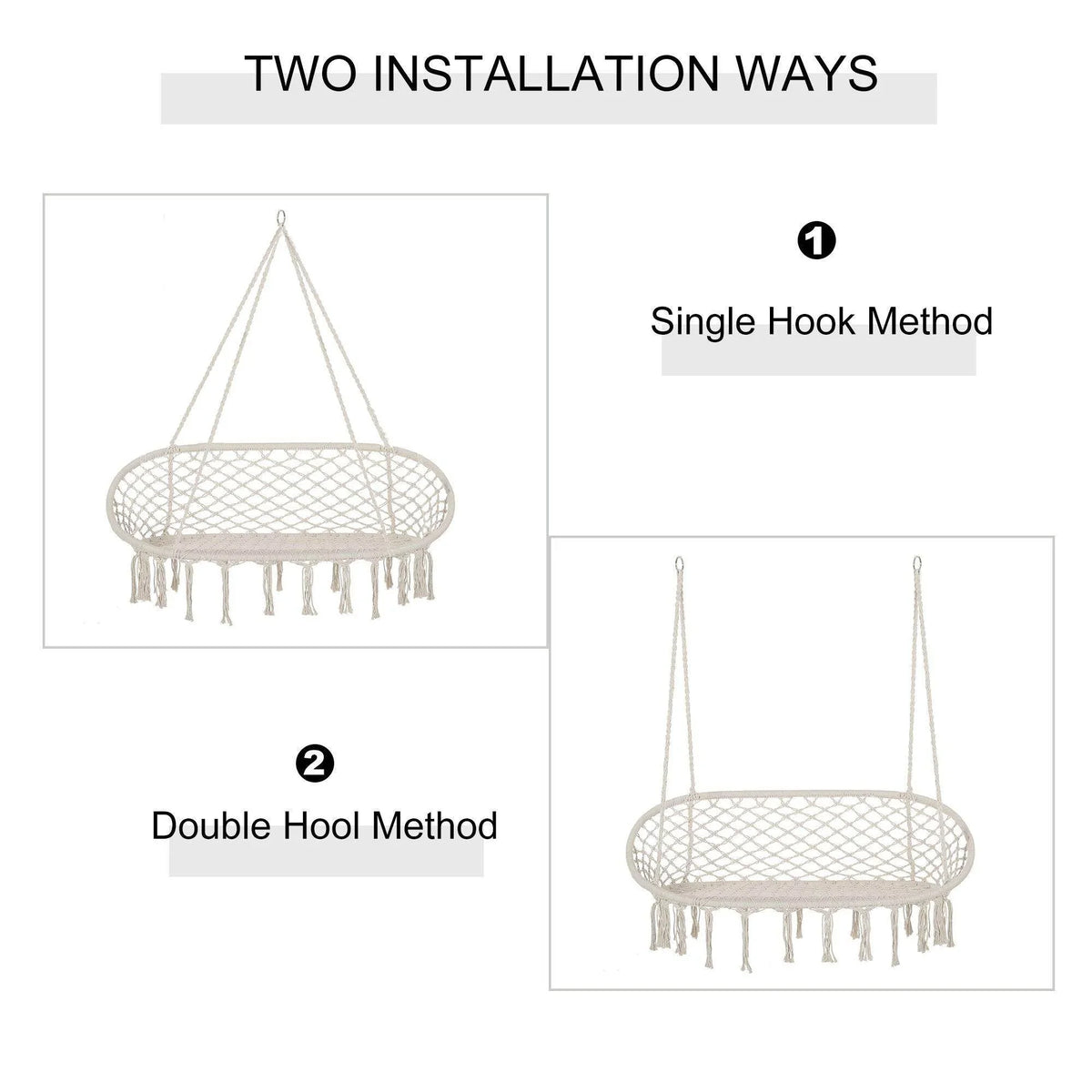 Macrame hammock chair showing hanging installation options with top loops.