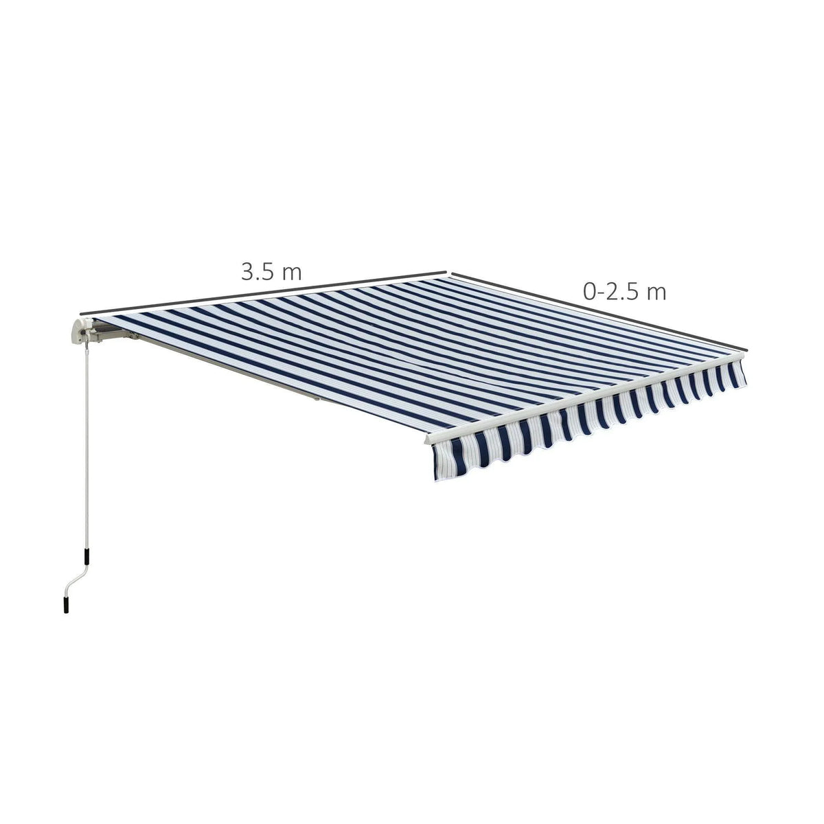 Blue and white striped retractable awning, 3.5m wide, for patio or garden shade