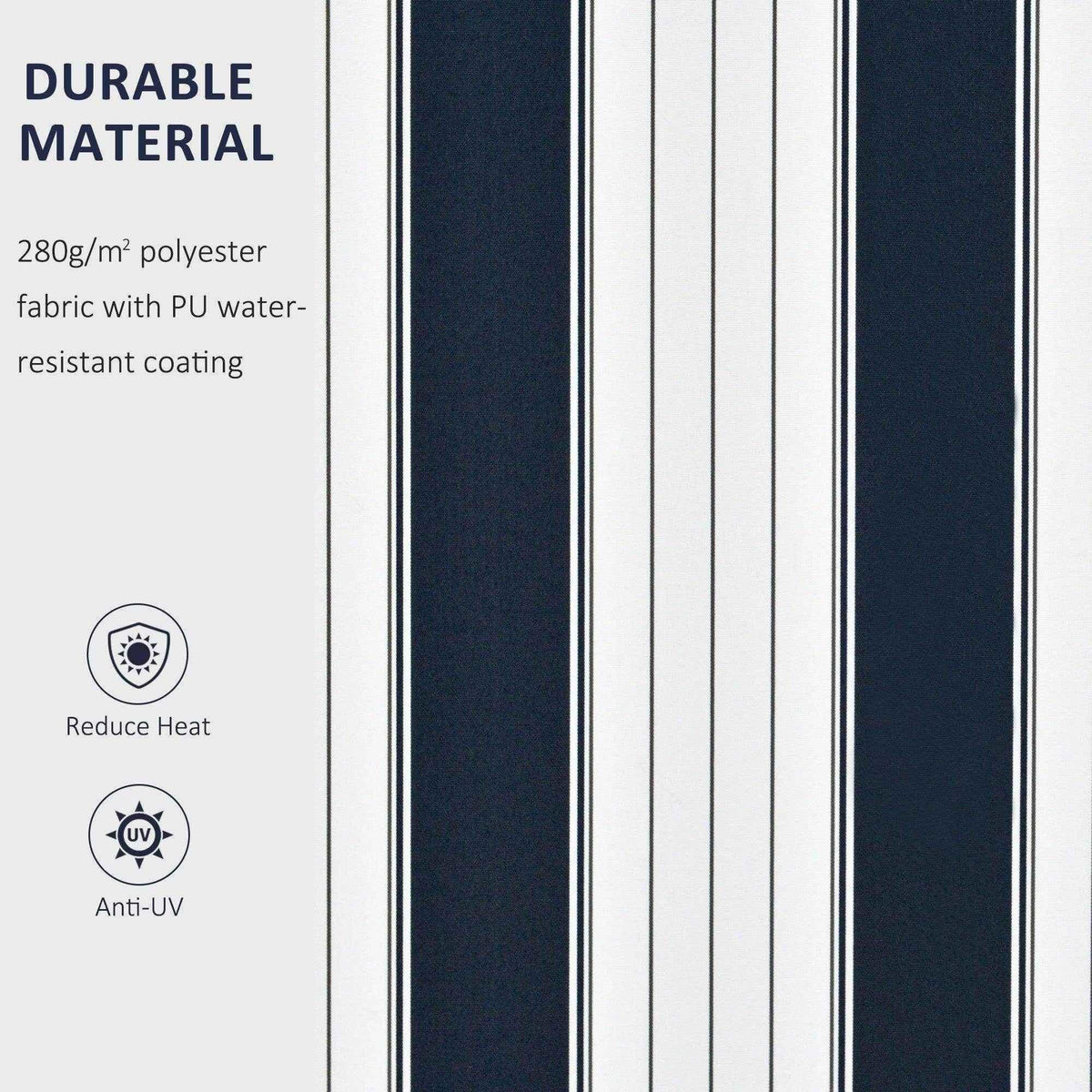 Blue and white striped manual awning fabric panel with vertical stripes