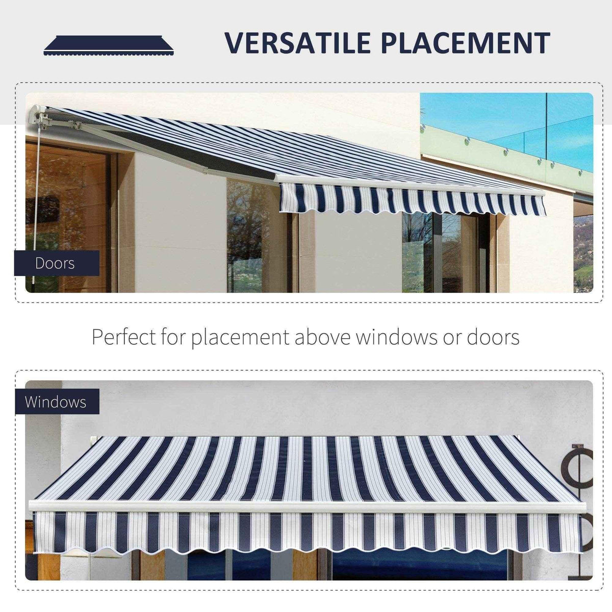 Blue and white striped retractable awning for doors and windows, providing shade and style to home exteriors.