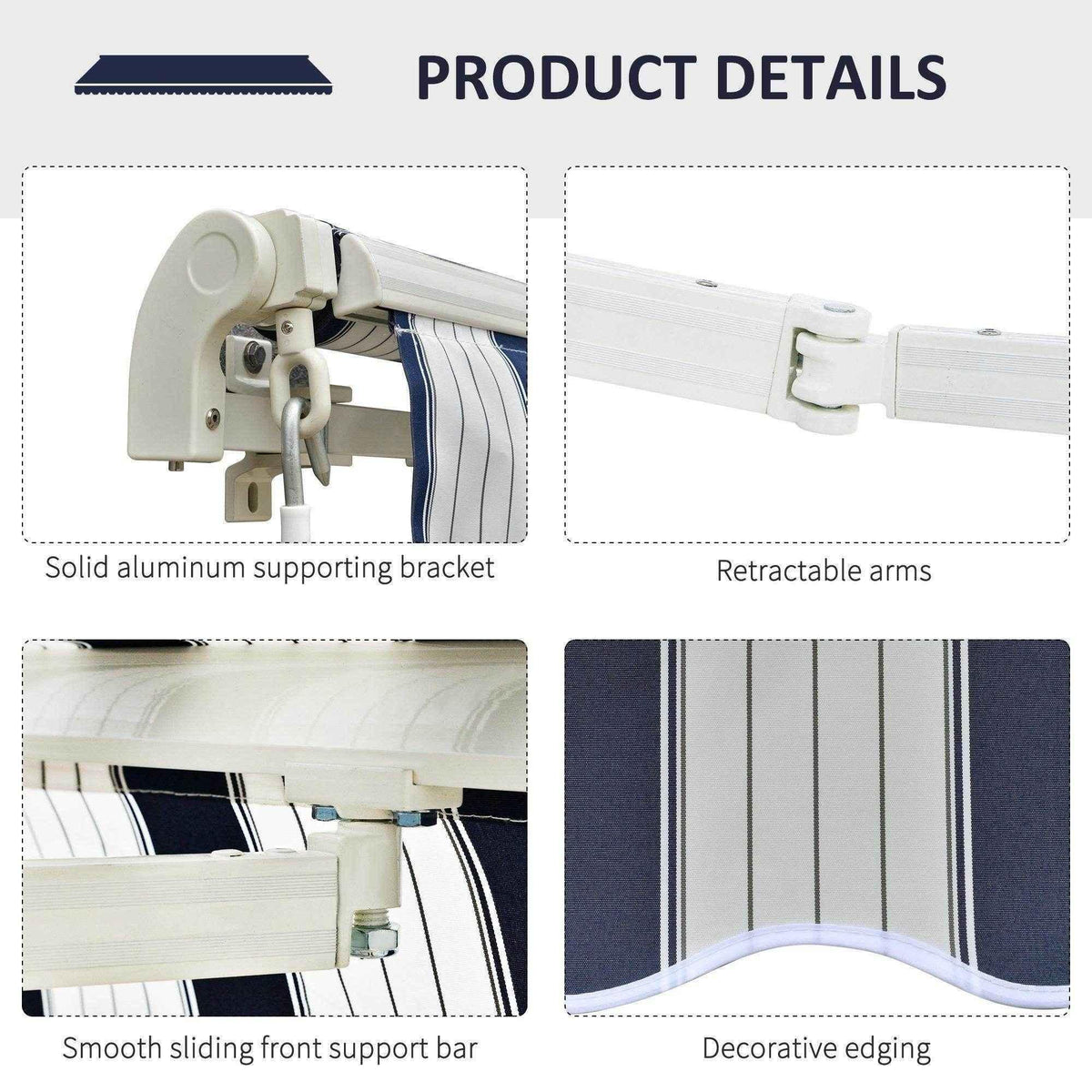 Manual awning hardware details: solid bracket, retractable arms, decorative edge