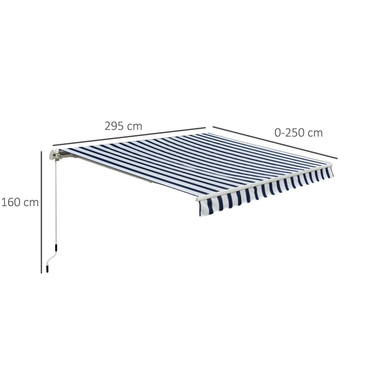 Blue and white striped retractable awning with dimensions for patio shade
