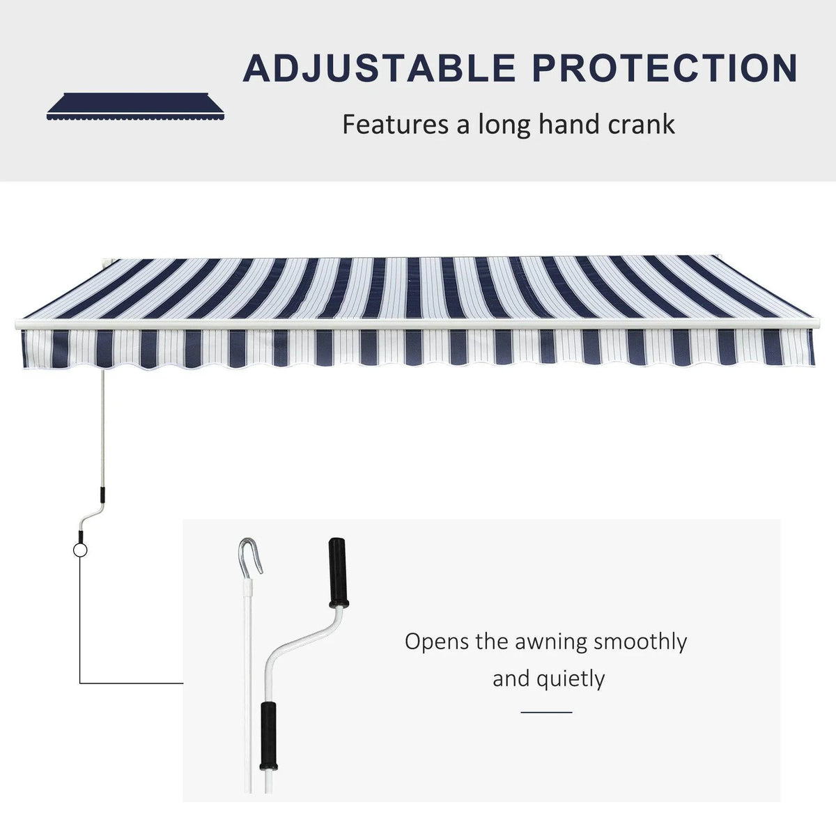 Striped patio awning with hand crank for smooth, quiet adjustment and sun protection