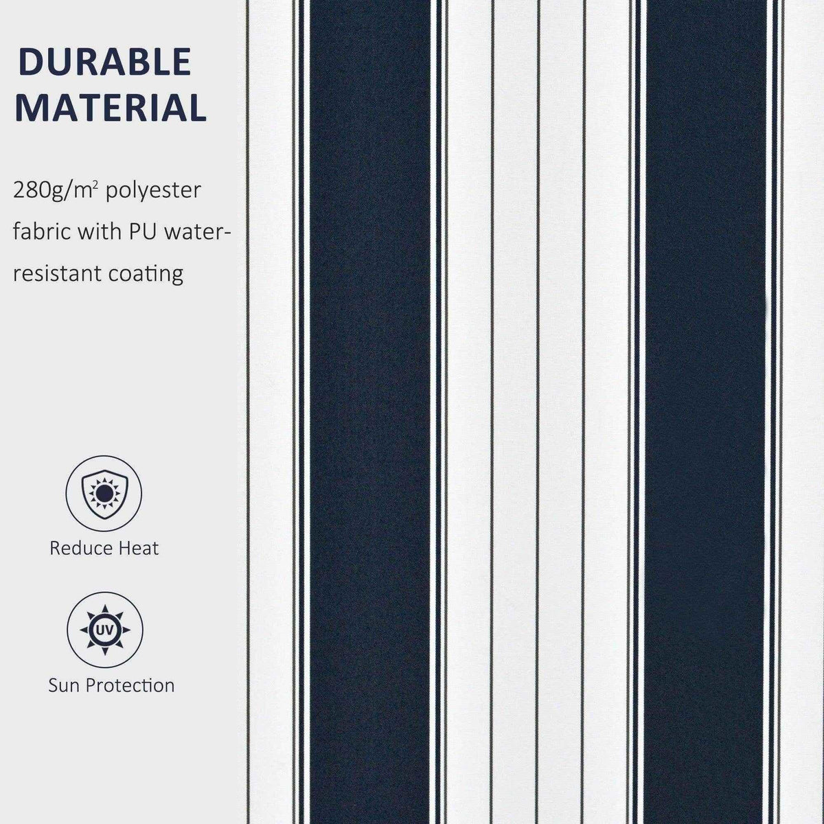 Navy and white striped durable polyester fabric with PU water-resistant coating, UV sun protection, reduces heat