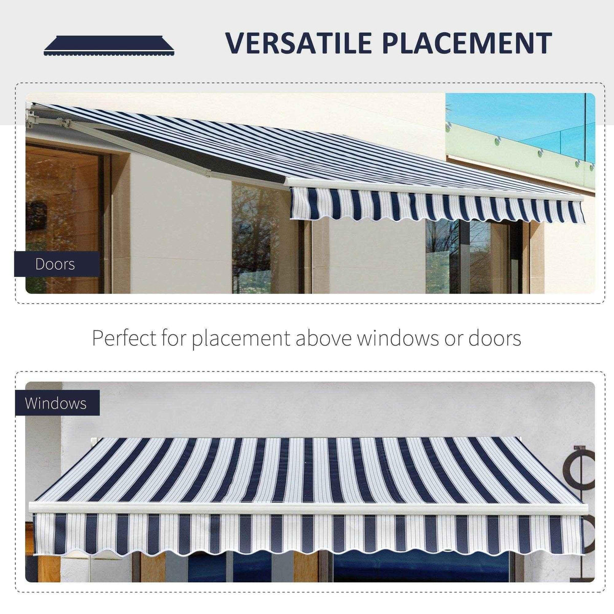 Striped outdoor awning for doors and windows, providing shade and style to home exteriors