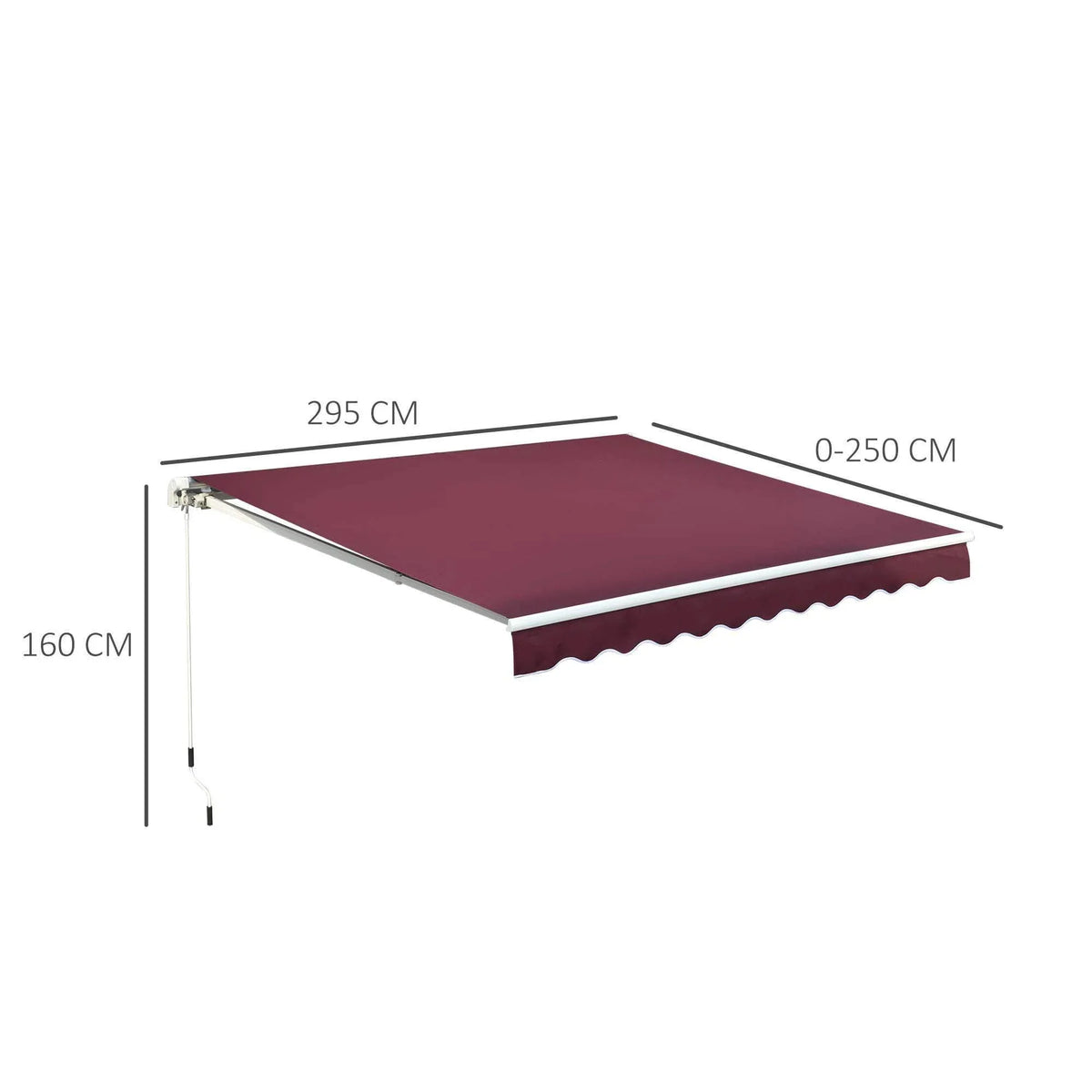 Burgundy retractable awning with dimensions, ideal for patio or garden shade, 295cm wide, 160cm drop
