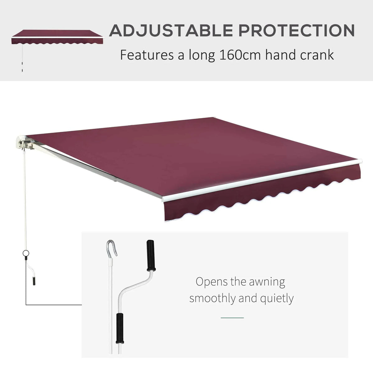 Maroon retractable awning with 160cm hand crank for smooth, quiet operation and adjustable outdoor protection