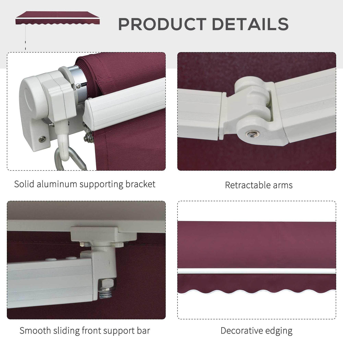 Burgundy retractable awning with aluminum bracket, smooth slide bar & decorative scalloped edging for patio shade